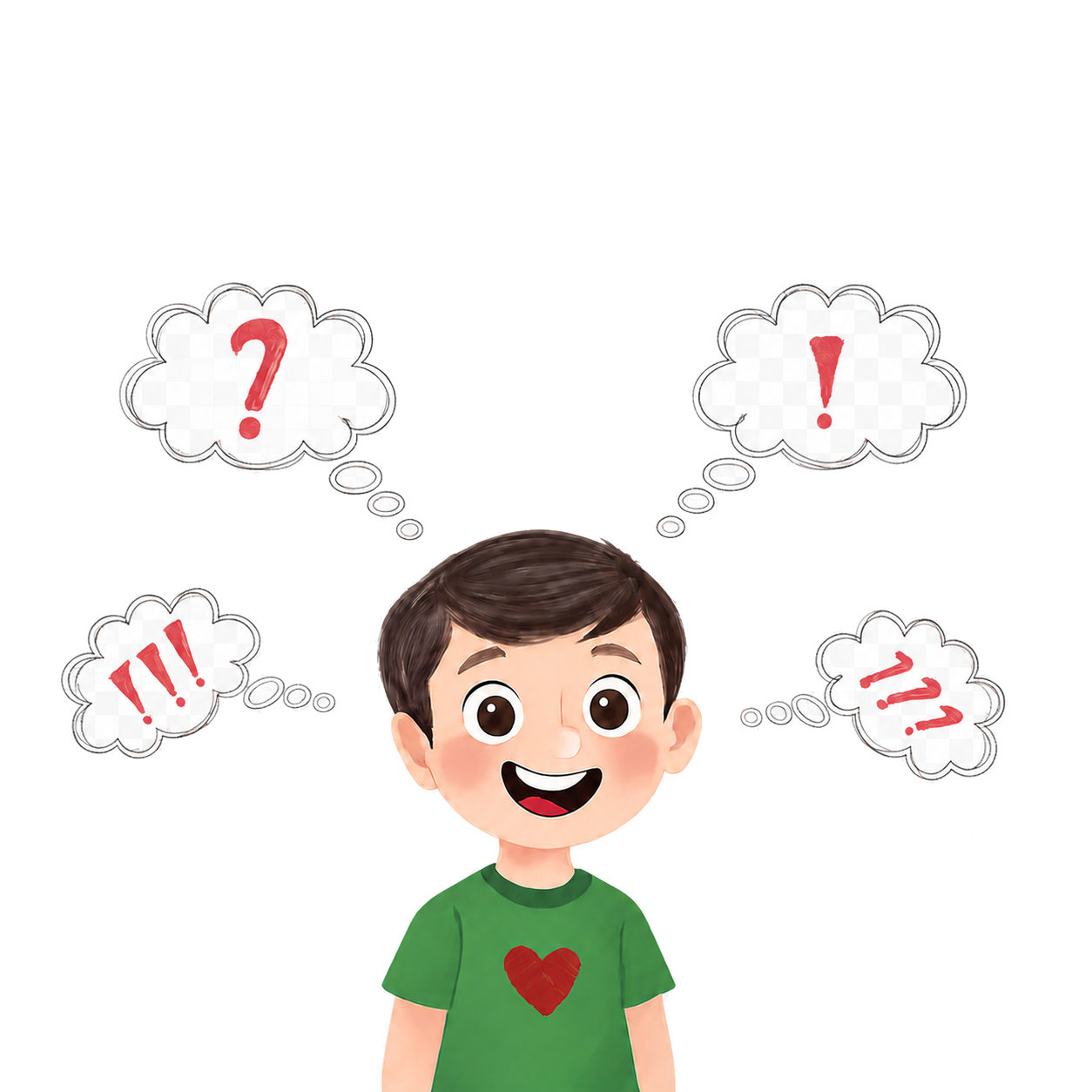 Desenho lúdico e colorido do Vicente sorrindo com um olhar alegre, vestindo uma camisa vermelha.